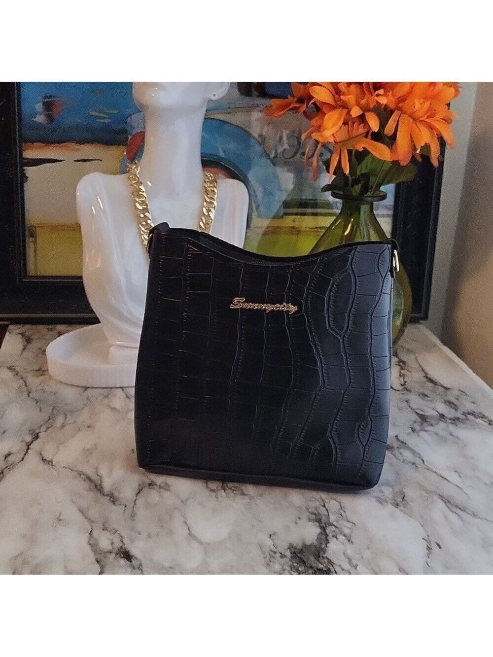 Vegan Leather Croc Embossed Mini Crossbody Bag Set